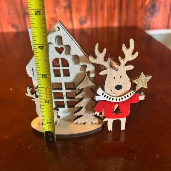 Wooden Reindeer & House Christmas Ornament Decor by silver tree - Picture 2 of 4
